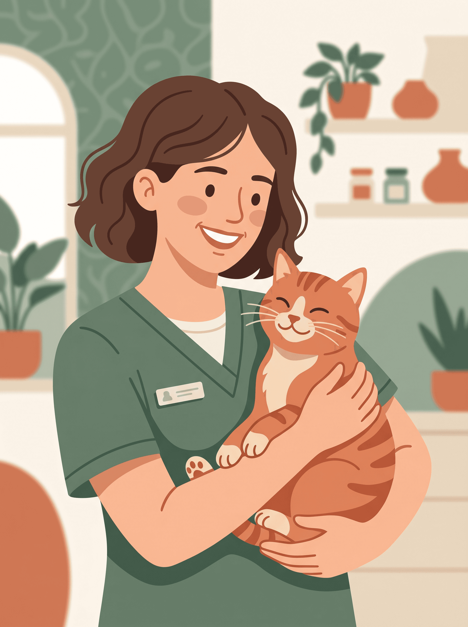 Medic veterinar zâmbind, ținând în brațe o pisică portocalie