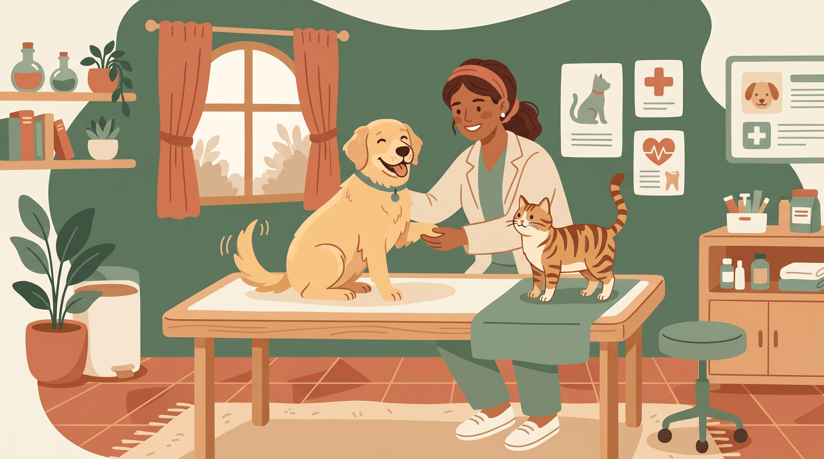 Medic veterinar consultând cu blândețe un câine și o pisică